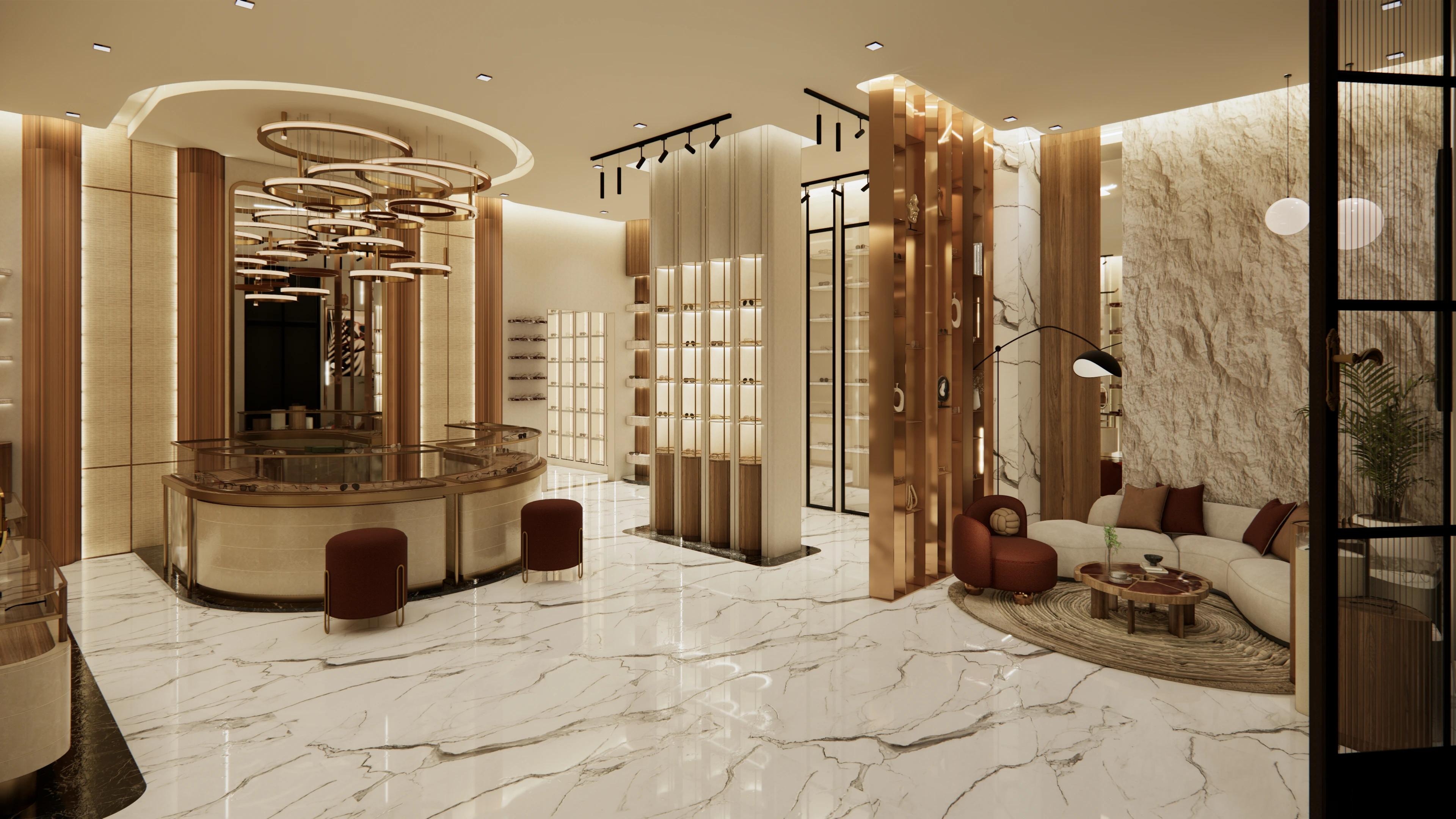 Commercial interior design showroom lighting and display units
